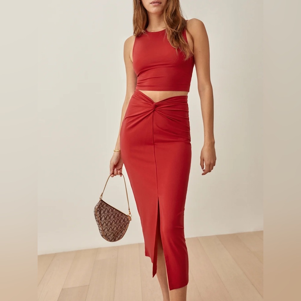 [reformation] 2pc red rylan knit top & midi skirt
